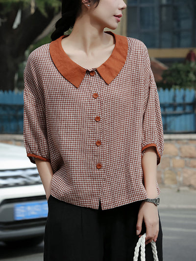 Plus Size Women Spring Turn-down Collar Plaid Linen Shirt