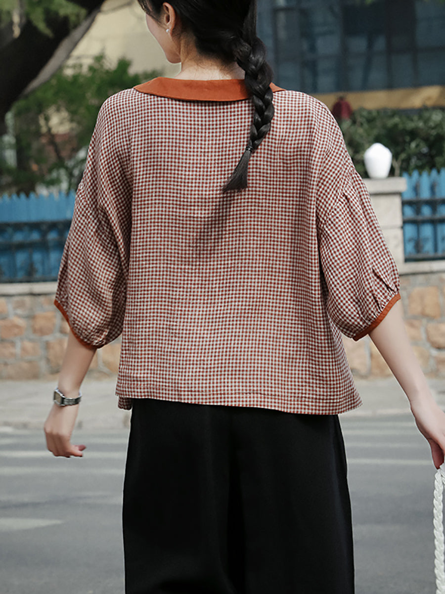 Plus Size Women Spring Turn-down Collar Plaid Linen Shirt