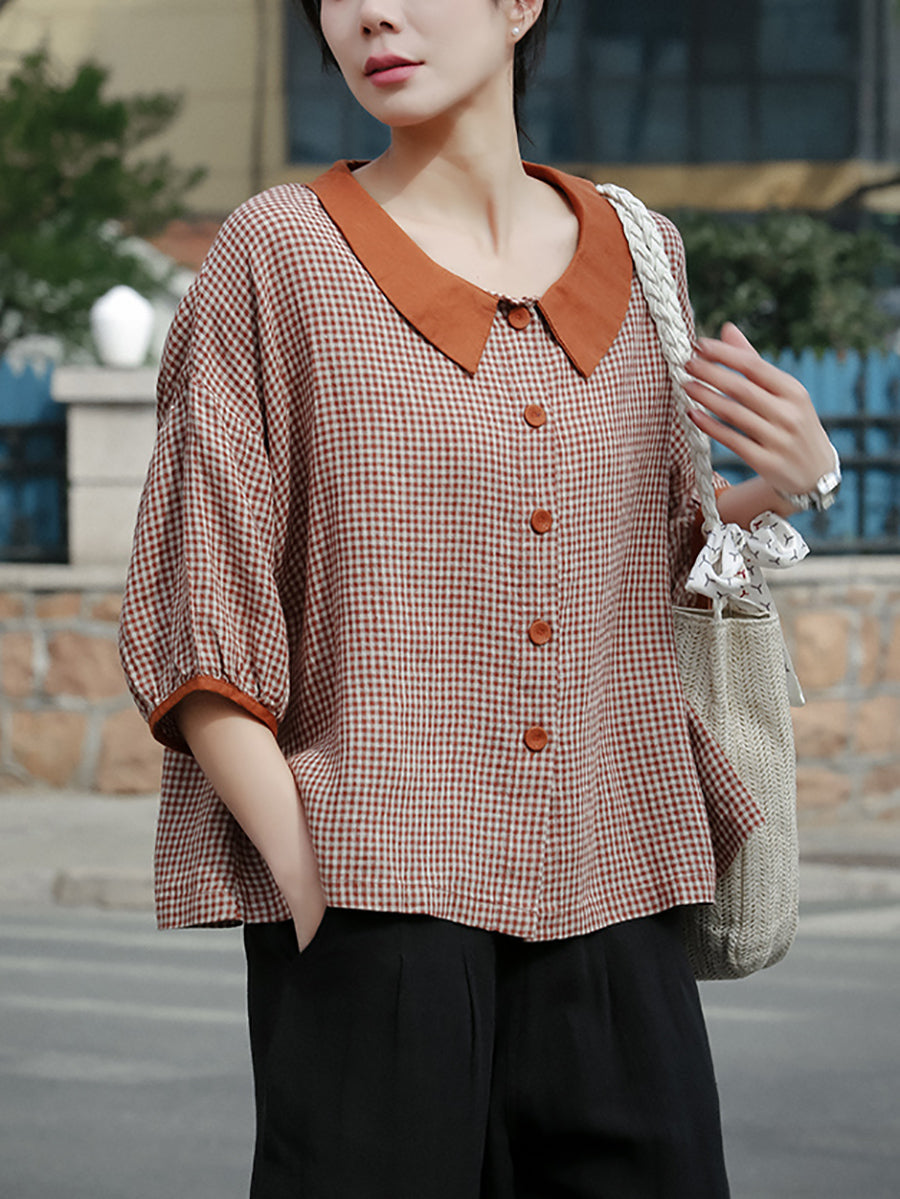 Plus Size Women Spring Turn-down Collar Plaid Linen Shirt