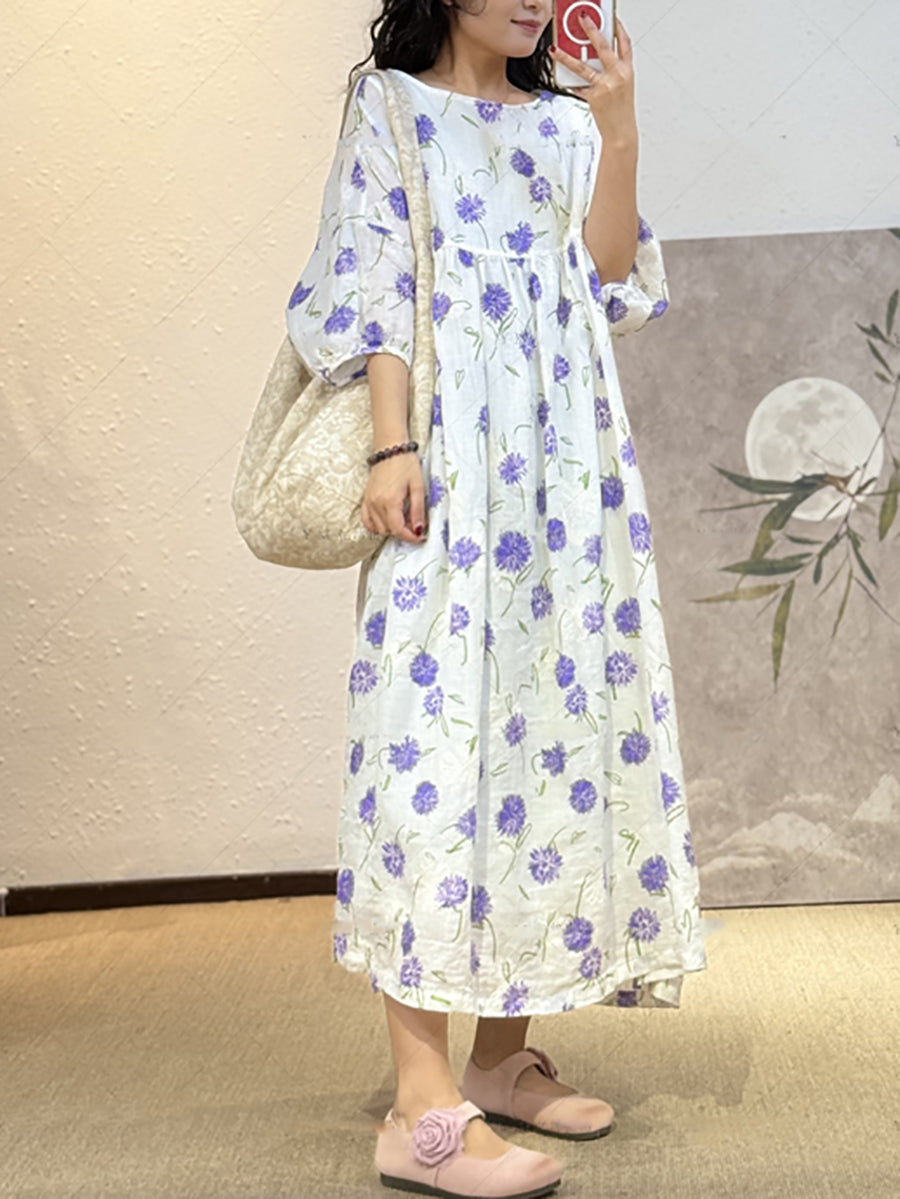 Plus Size Women Summer Artsy Flower O-Neck 100%Ramie Dress