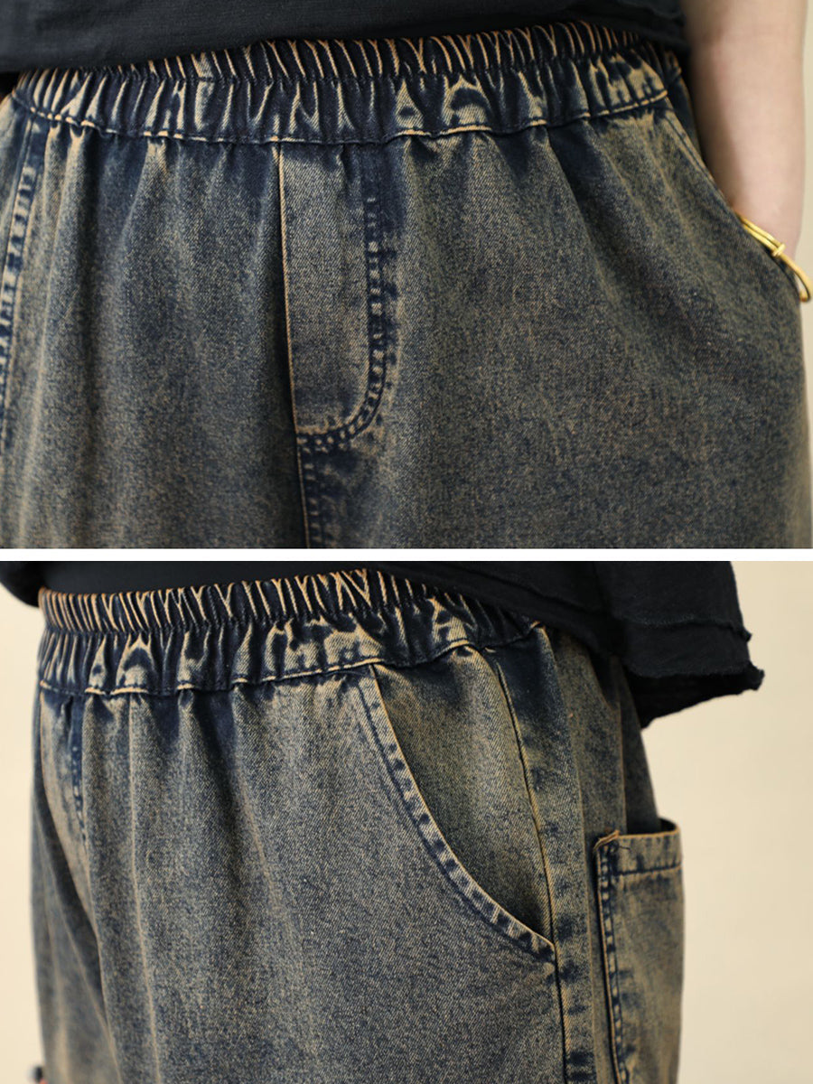 Women Ethnic Flower Embroidery Denim Harem Pants