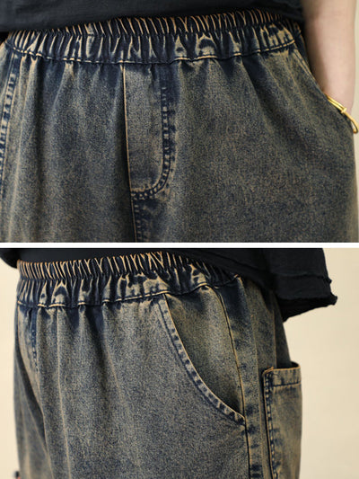 Women Ethnic Flower Embroidery Denim Harem Pants