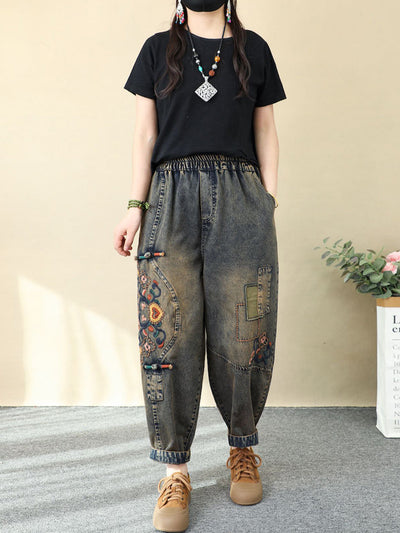 Women Ethnic Flower Embroidery Denim Harem Pants
