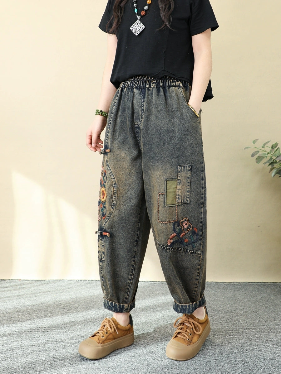 Women Ethnic Flower Embroidery Denim Harem Pants