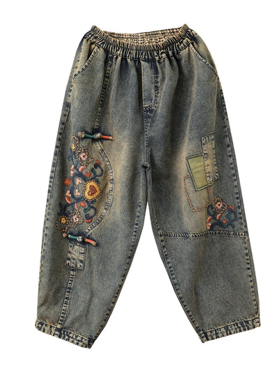 Women Ethnic Flower Embroidery Denim Harem Pants