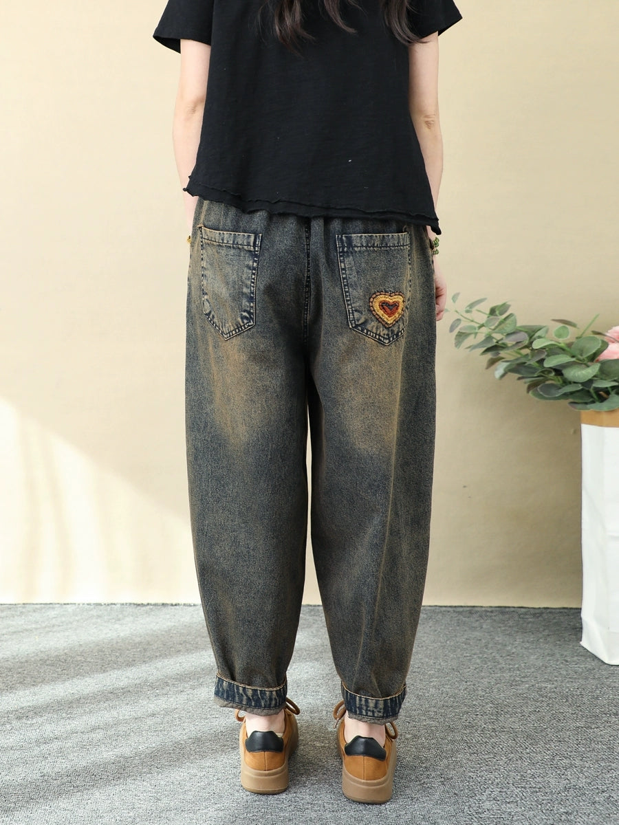 Women Ethnic Flower Embroidery Denim Harem Pants