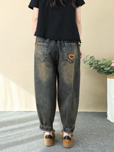 Women Ethnic Flower Embroidery Denim Harem Pants