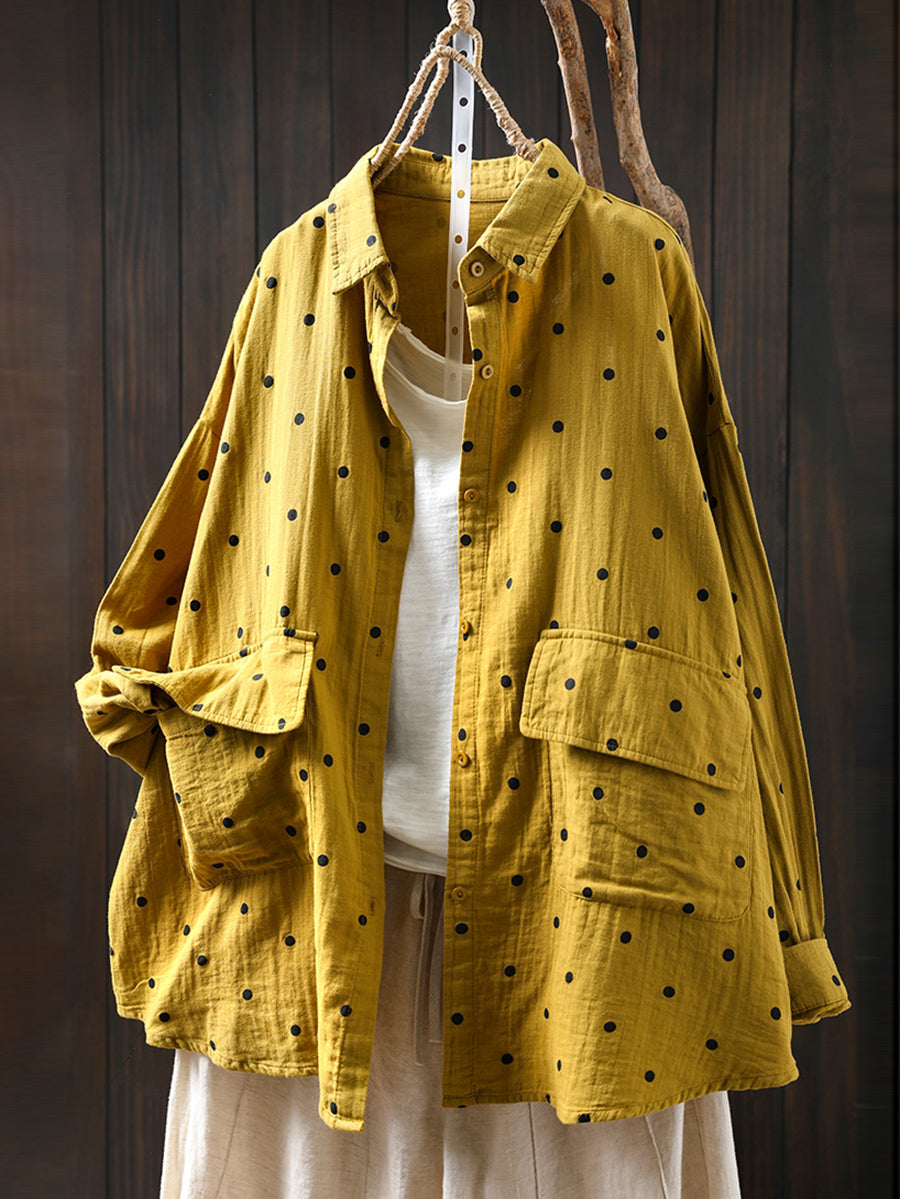 Plus Size Women Summer Dot Turn-down Collar 100%Cotton Shirt