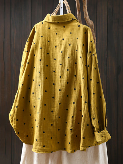 Plus Size Women Summer Dot Turn-down Collar 100%Cotton Shirt