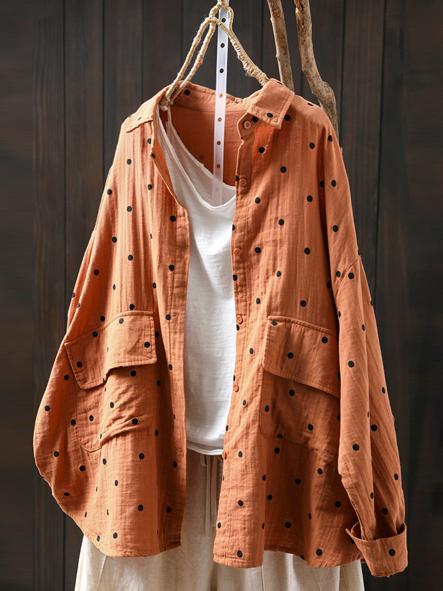 Plus Size Women Summer Dot Turn-down Collar 100%Cotton Shirt