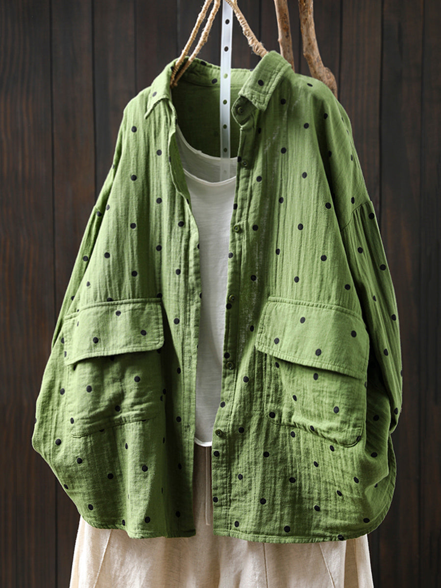 Plus Size Women Summer Dot Turn-down Collar 100%Cotton Shirt