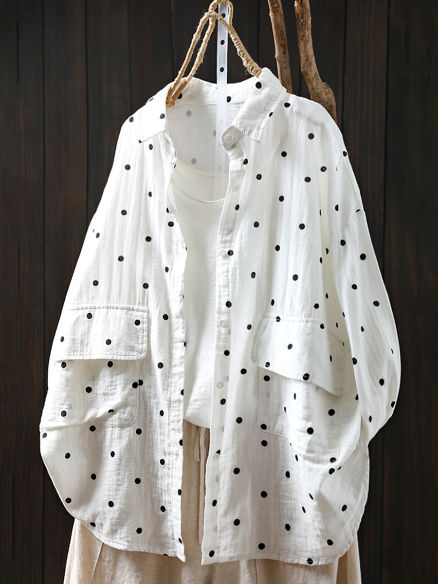 Plus Size Women Summer Dot Turn-down Collar 100%Cotton Shirt