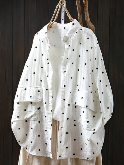 Plus Size Women Summer Dot Turn-down Collar 100%Cotton Shirt