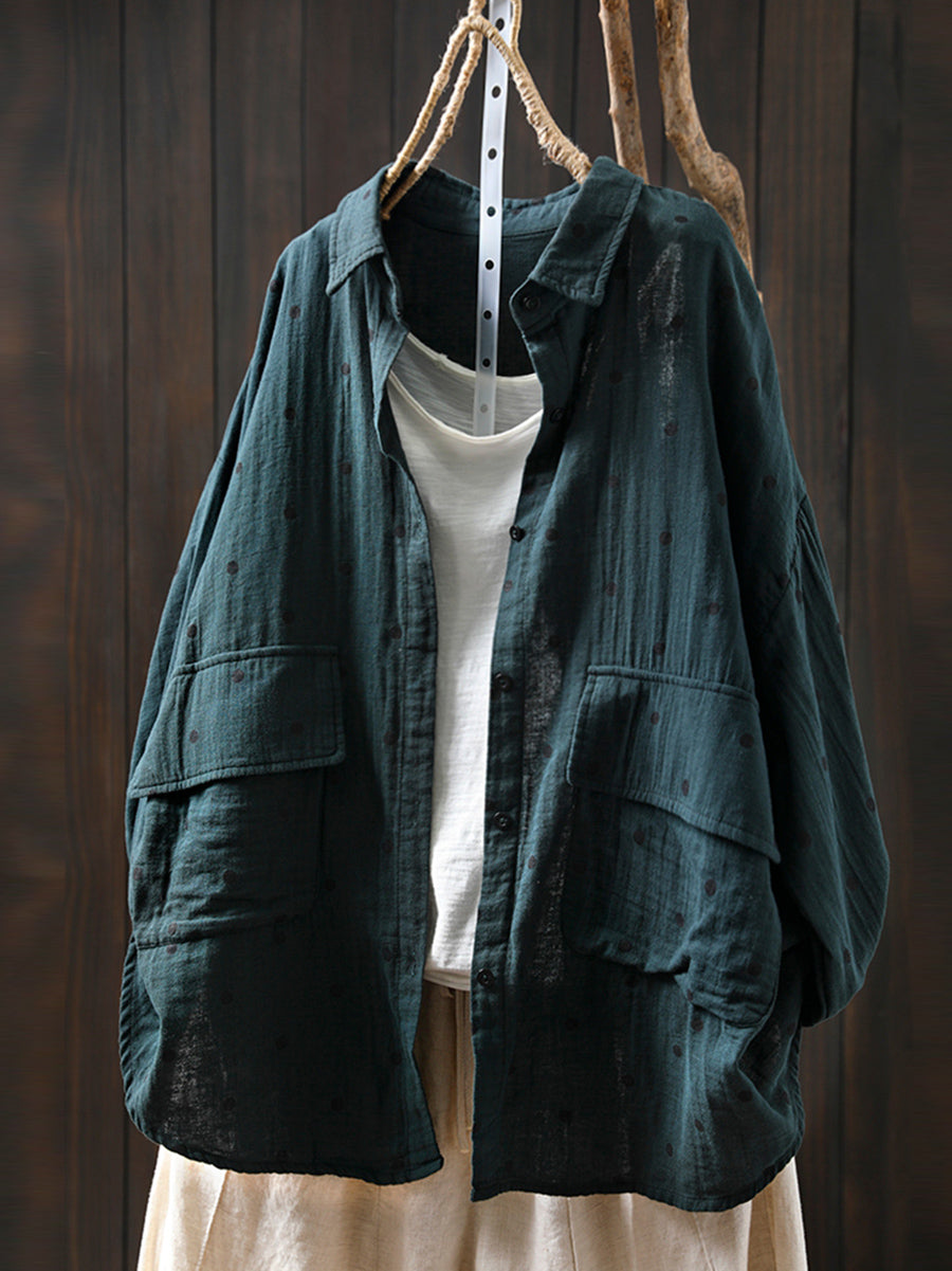 Plus Size Women Summer Dot Turn-down Collar 100%Cotton Shirt