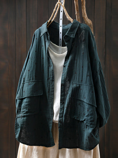 Plus Size Women Summer Dot Turn-down Collar 100%Cotton Shirt