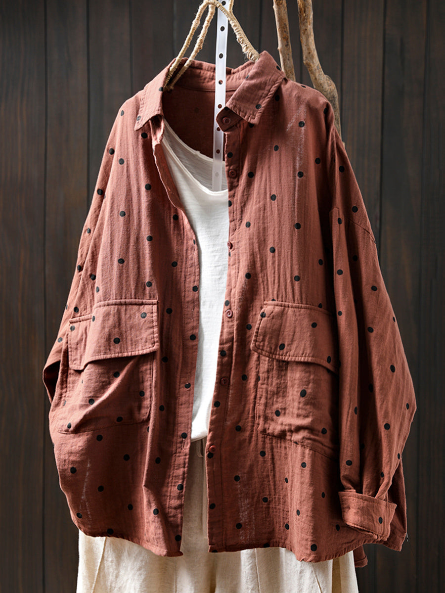 Plus Size Women Summer Dot Turn-down Collar 100%Cotton Shirt