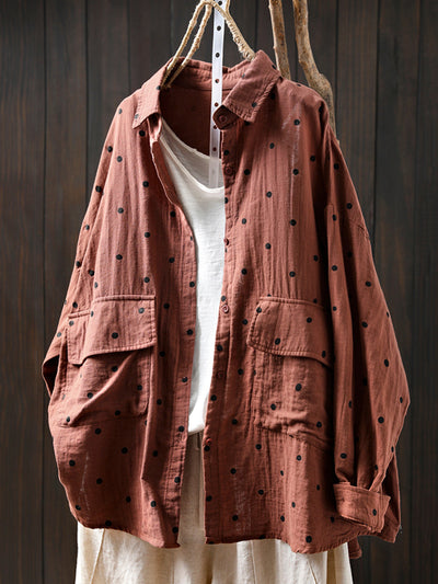 Plus Size Women Summer Dot Turn-down Collar 100%Cotton Shirt