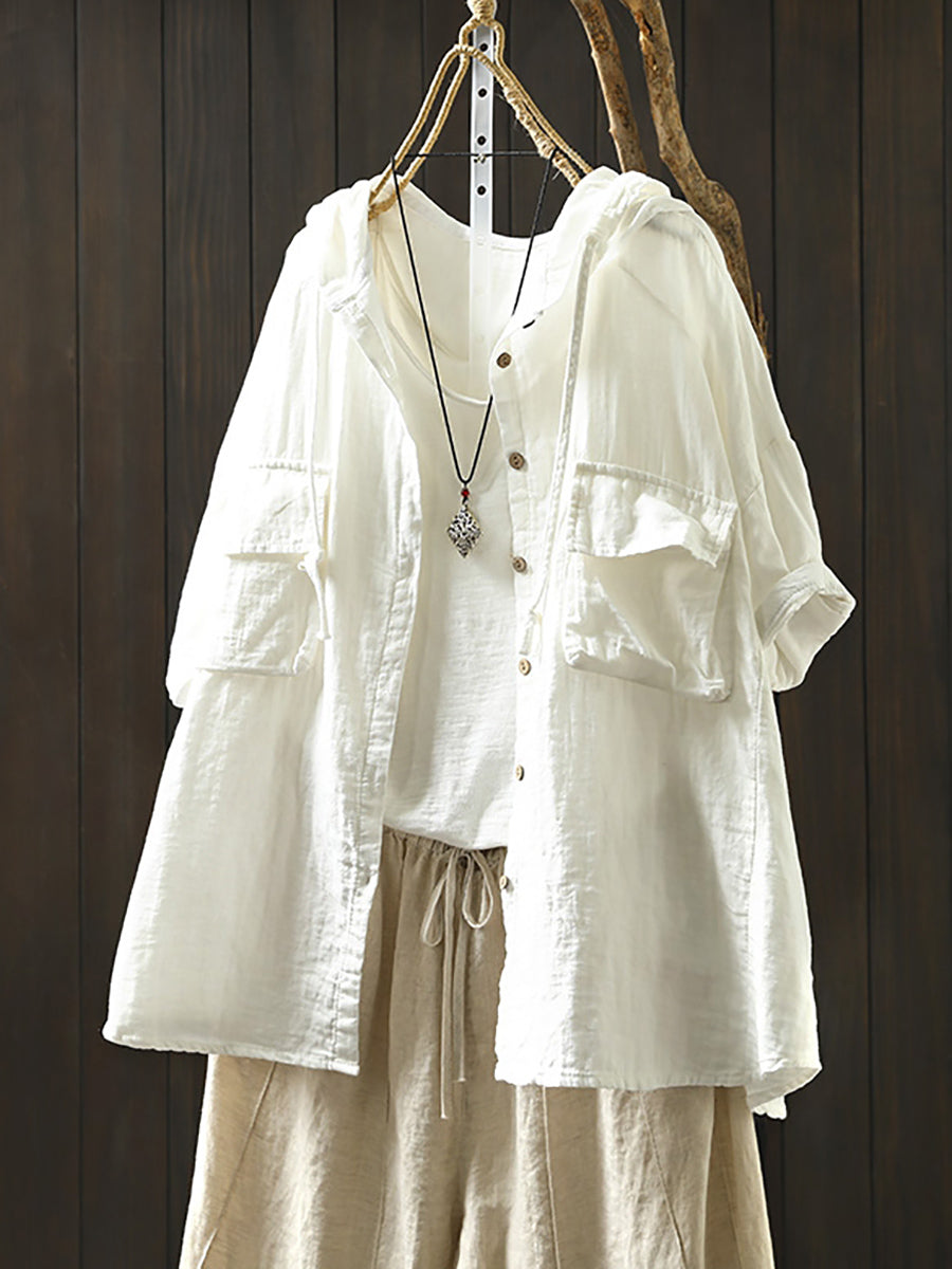 Plus Size Women Spring Pure Color 100%Cotton Hooded Shirt