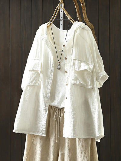 Plus Size Women Spring Pure Color 100%Cotton Hooded Shirt