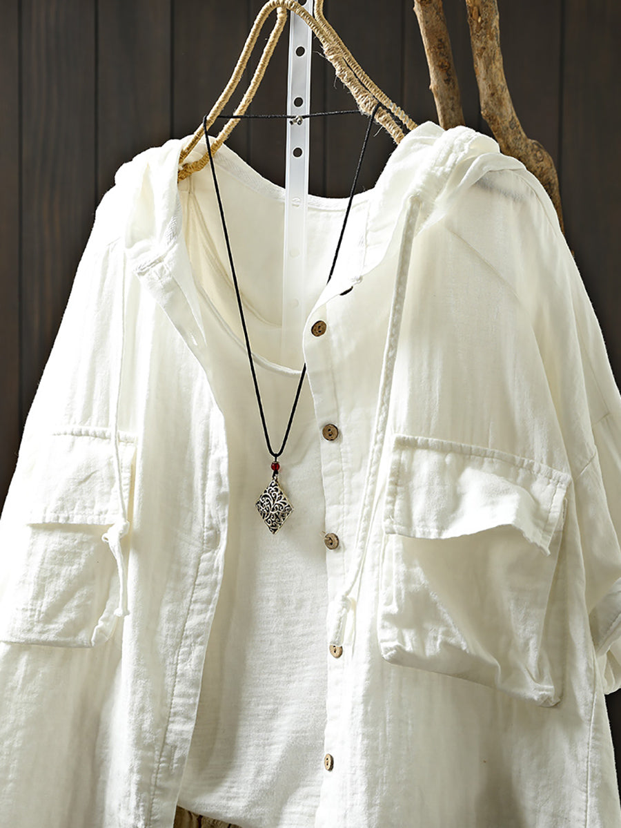 Plus Size Women Spring Pure Color 100%Cotton Hooded Shirt