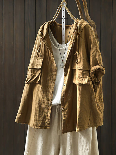 Plus Size Women Spring Pure Color 100%Cotton Hooded Shirt