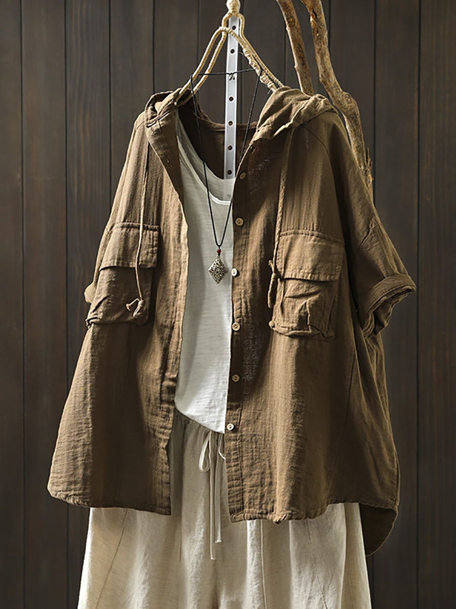 Plus Size Women Spring Pure Color 100%Cotton Hooded Shirt