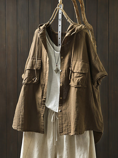 Plus Size Women Spring Pure Color 100%Cotton Hooded Shirt