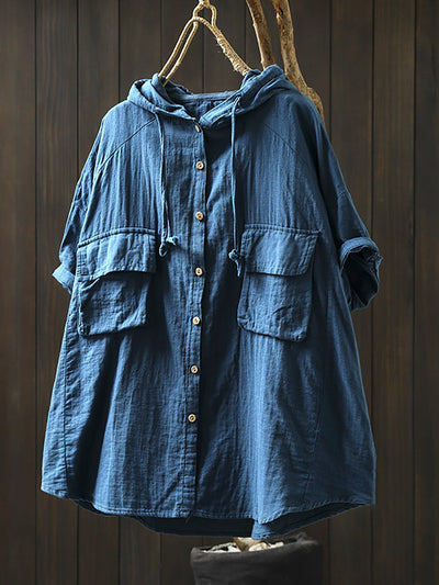 Plus Size Women Spring Pure Color 100%Cotton Hooded Shirt