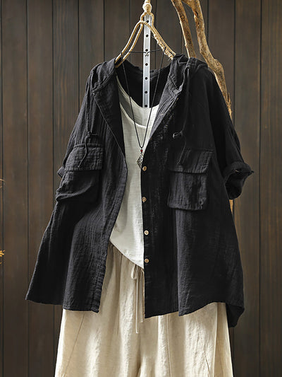 Plus Size Women Spring Pure Color 100%Cotton Hooded Shirt