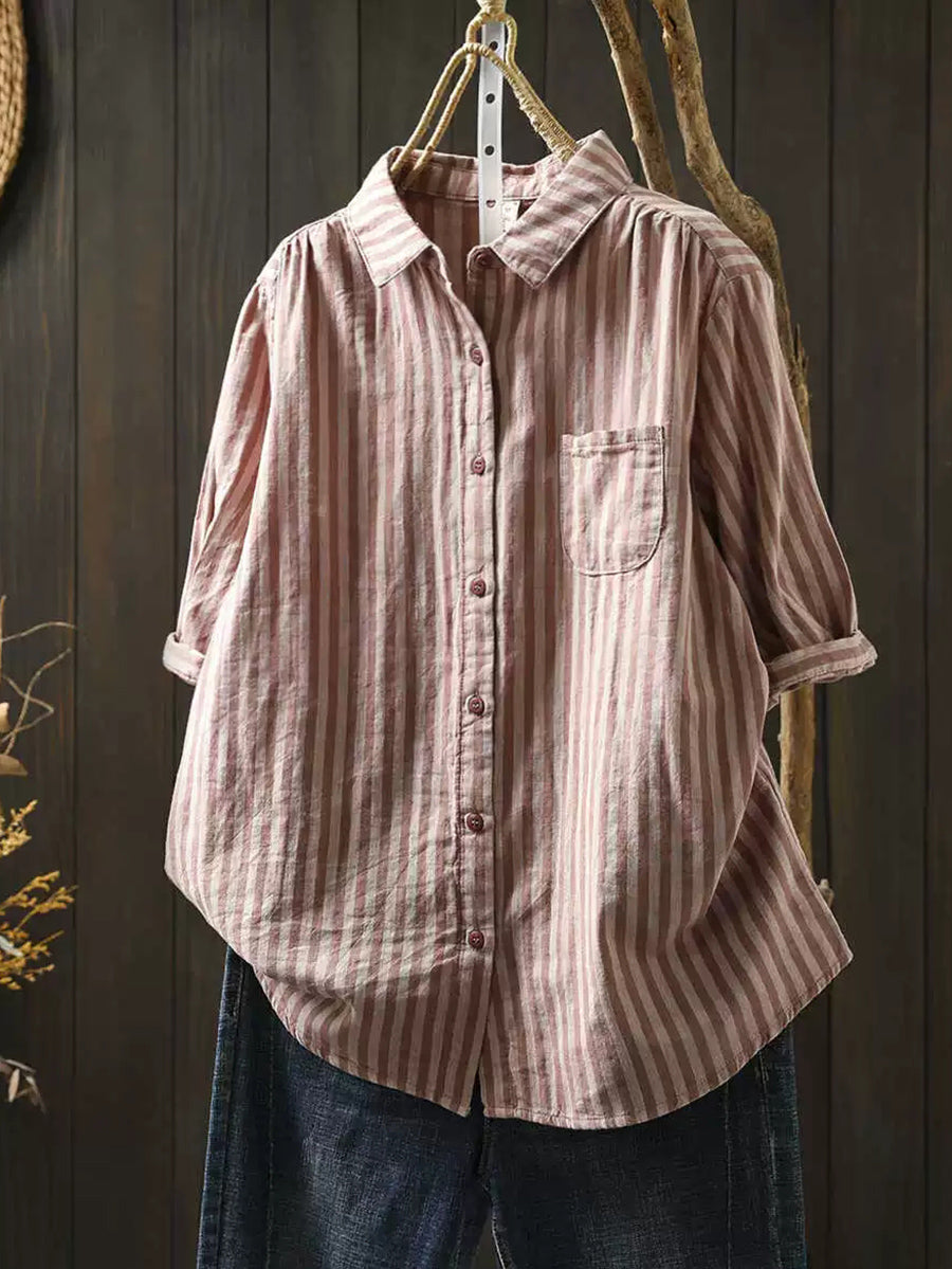 Plus Size Women Summer Stripe Turn-down Collar 100%Cotton Shirt
