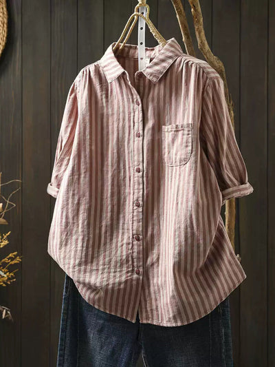 Plus Size Women Summer Stripe Turn-down Collar 100%Cotton Shirt