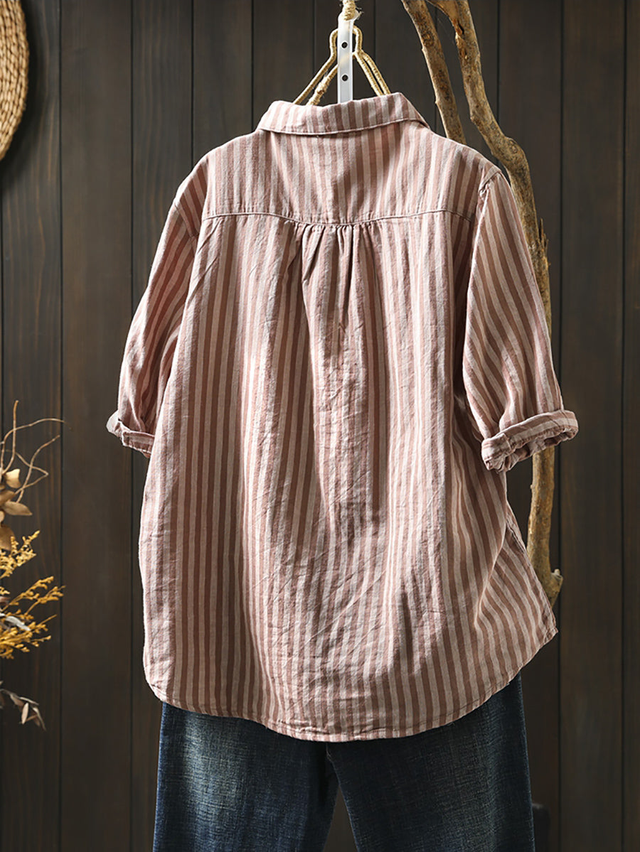 Plus Size Women Summer Stripe Turn-down Collar 100%Cotton Shirt