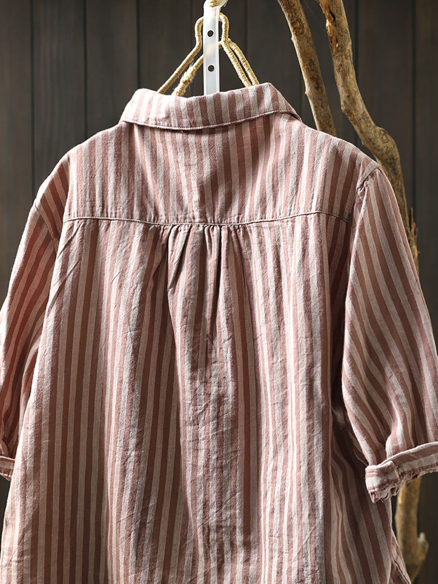 Plus Size Women Summer Stripe Turn-down Collar 100%Cotton Shirt