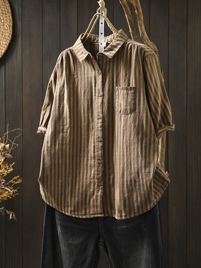 Plus Size Women Summer Stripe Turn-down Collar 100%Cotton Shirt