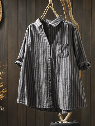 Plus Size Women Summer Stripe Turn-down Collar 100%Cotton Shirt