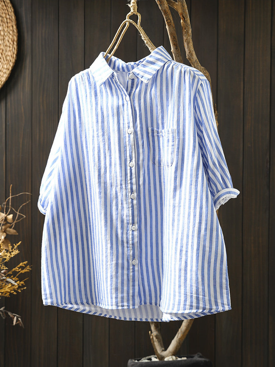 Plus Size Women Summer Stripe Turn-down Collar 100%Cotton Shirt