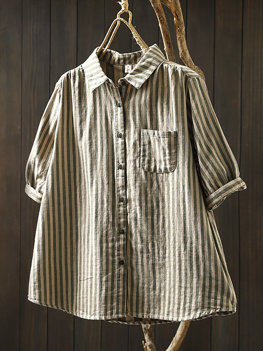 Plus Size Women Summer Stripe Turn-down Collar 100%Cotton Shirt