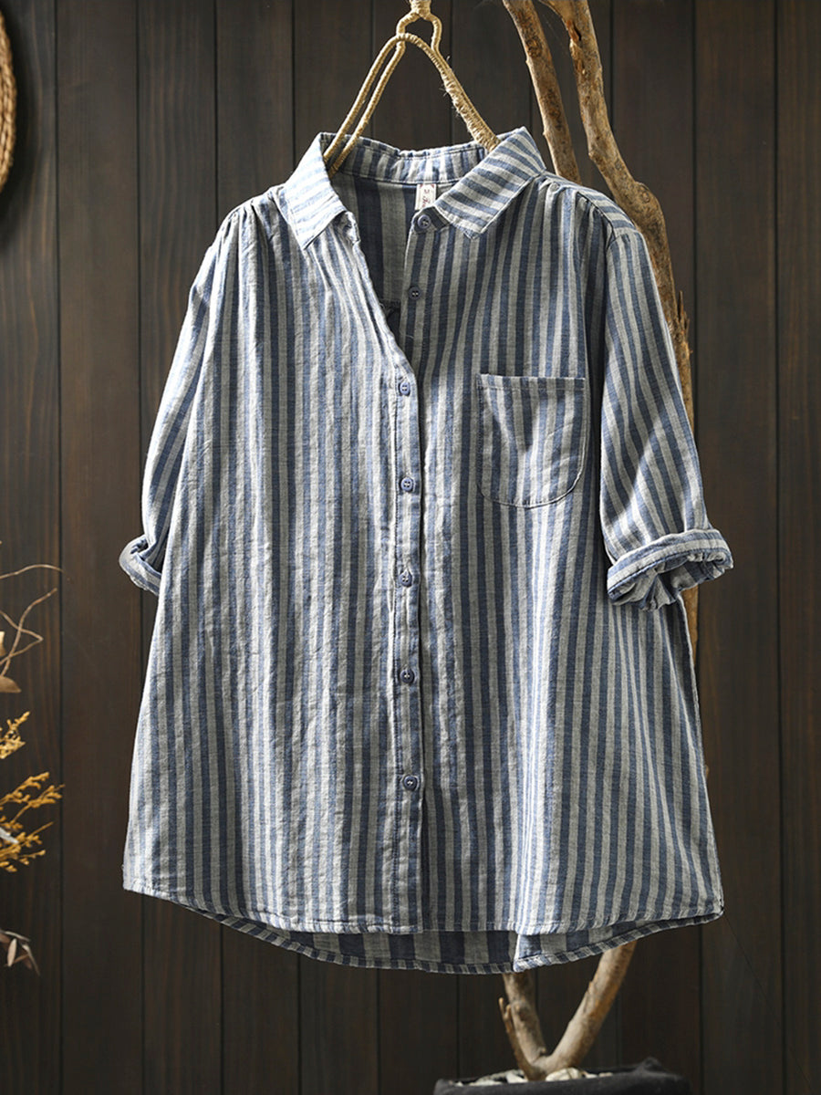 Plus Size Women Summer Stripe Turn-down Collar 100%Cotton Shirt