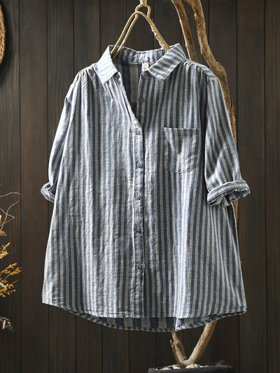 Plus Size Women Summer Stripe Turn-down Collar 100%Cotton Shirt