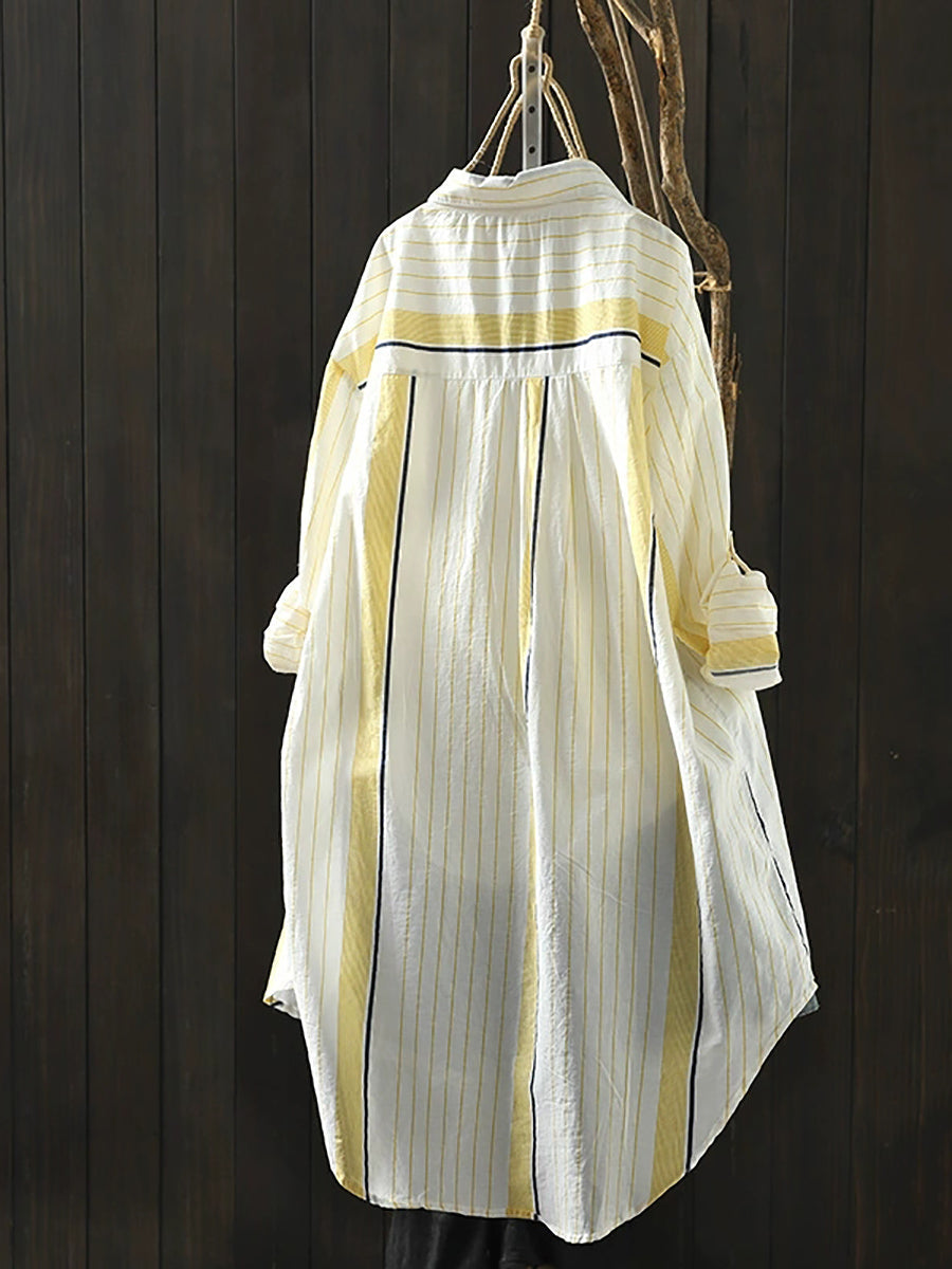 Women Summer Casual Stripe Colorblock Cotton Shirt