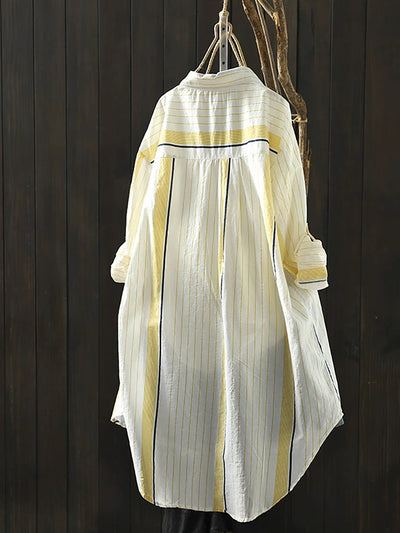 Women Summer Casual Stripe Colorblock Cotton Shirt