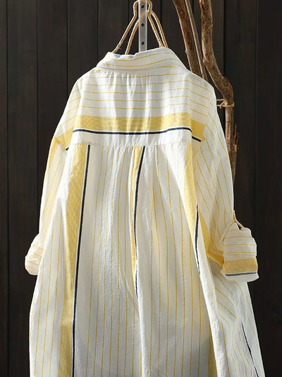 Women Summer Casual Stripe Colorblock Cotton Shirt