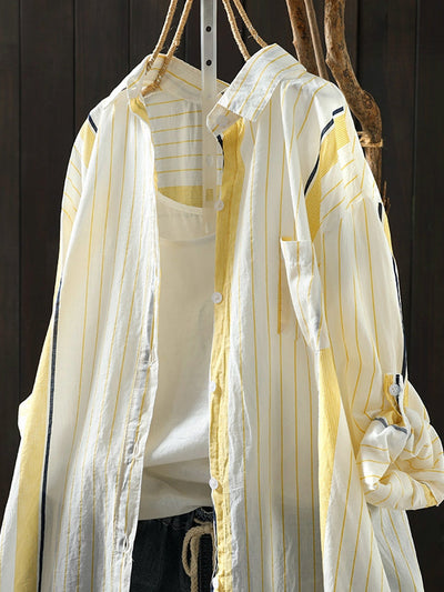 Women Summer Casual Stripe Colorblock Cotton Shirt