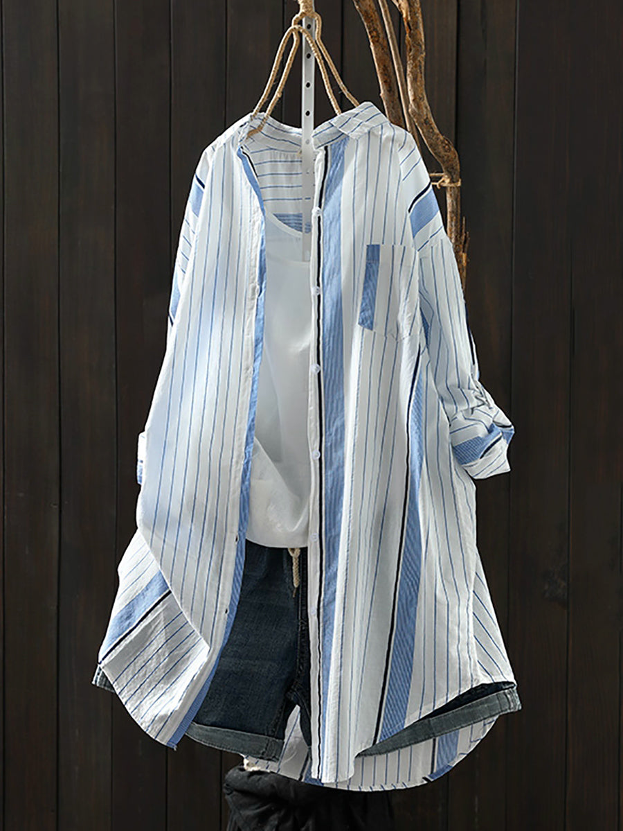 Women Summer Casual Stripe Colorblock Cotton Shirt