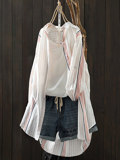 Women Summer Casual Stripe Colorblock Cotton Shirt