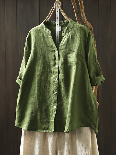 Plus Size Women Summer V-Neck Pure Color 100%Linen Shirt