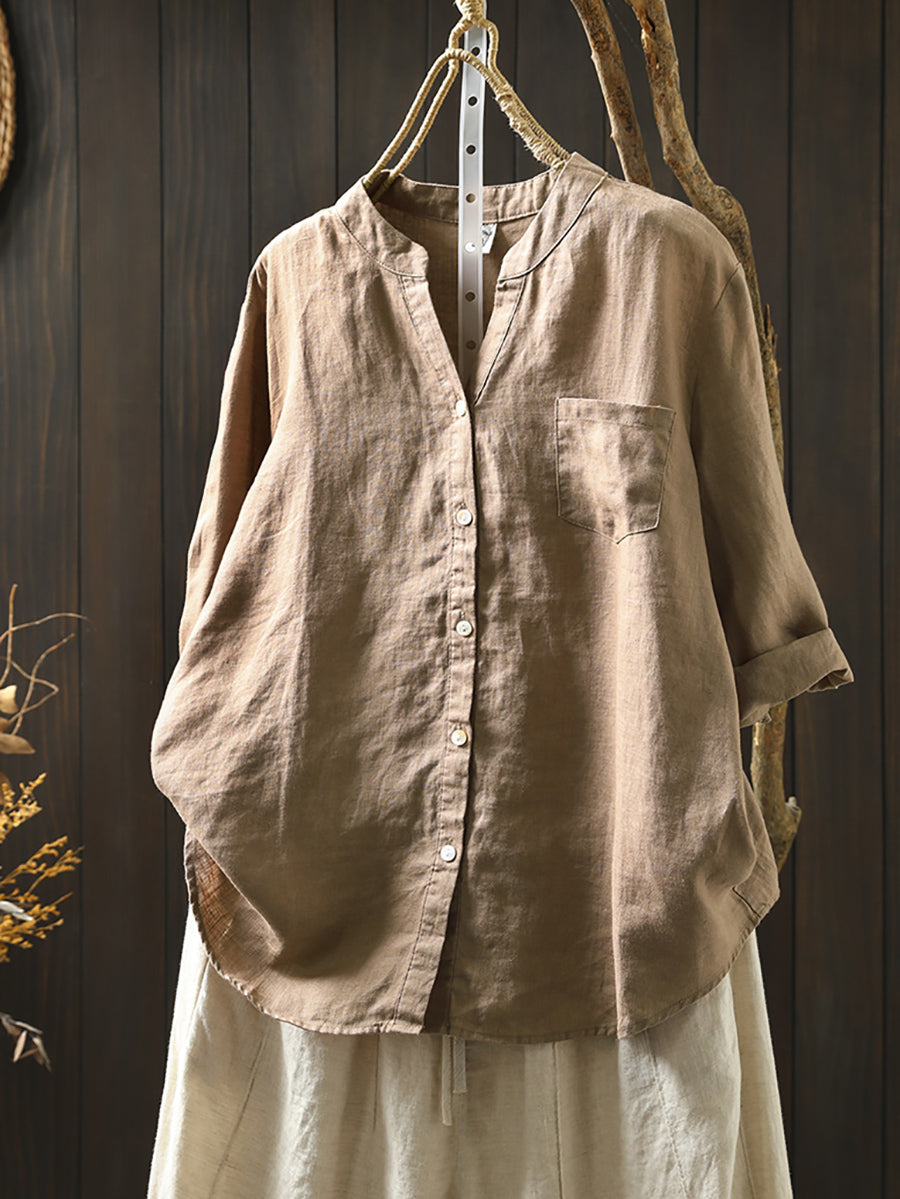 Plus Size Women Summer V-Neck Pure Color 100%Linen Shirt