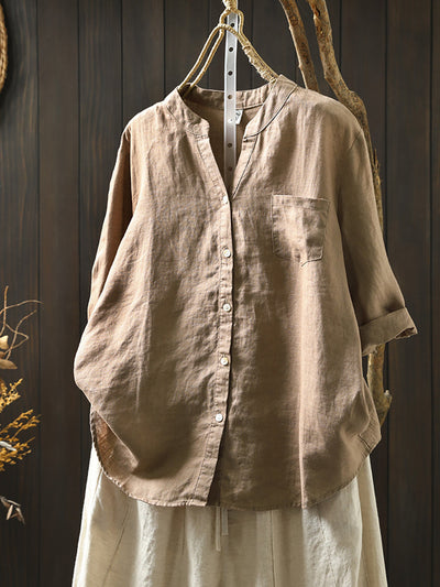 Plus Size Women Summer V-Neck Pure Color 100%Linen Shirt