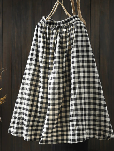 Women Spring Plaid Strap A-Shape 100%Cotton Skirt