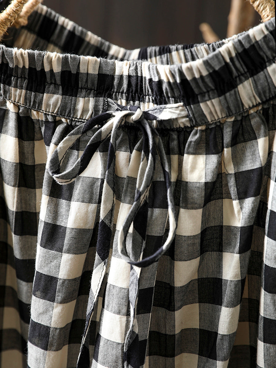 Women Spring Plaid Strap A-Shape 100%Cotton Skirt